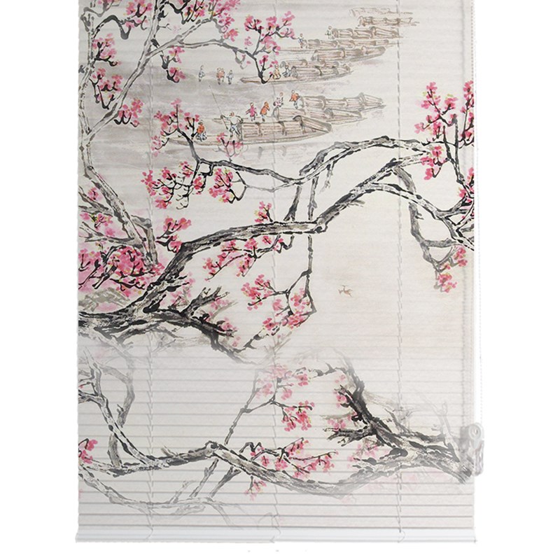 百叶窗帘免打孔电动3D印花水墨山水画拉珠自动上下升降铝百叶窗帘