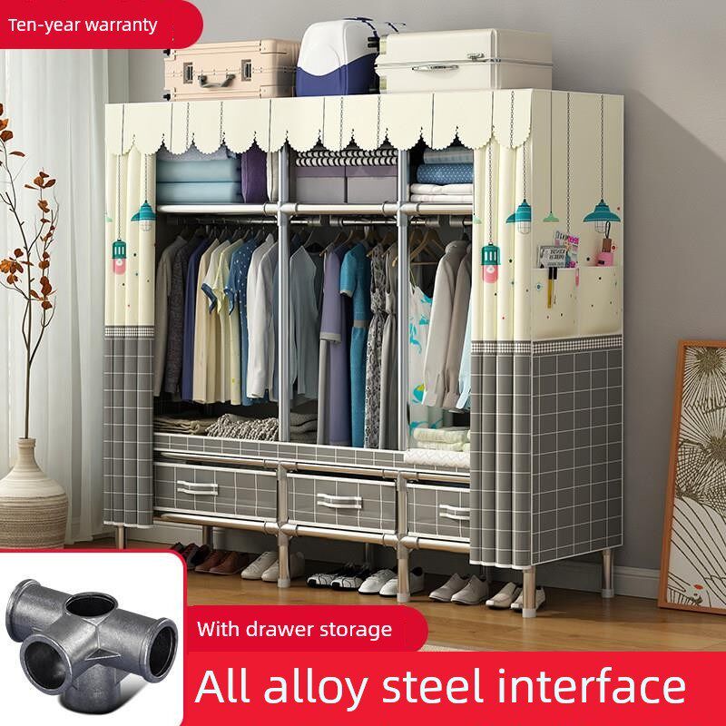 简易衣柜家用卧室布衣柜出租房用结实耐用组装全钢架加厚加粗衣橱