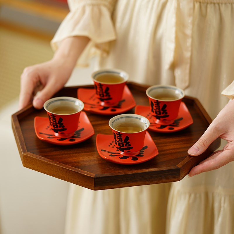 结婚敬茶杯装一对陶瓷改口品茗喜杯子红色茶杯婚礼新人敬酒用品