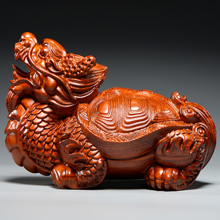 花梨木雕龙龟摆件木质玄武龟家居店铺客厅装 饰红木工艺品开业送礼