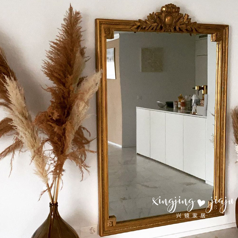 欧式复古雕花落地全身镜家用置地穿衣镜衣帽间金色做旧试衣大镜子
