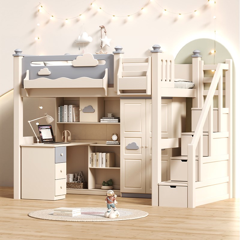 樱桃木高架床单上层下空带书桌衣柜儿童上下床全实木高低床层床