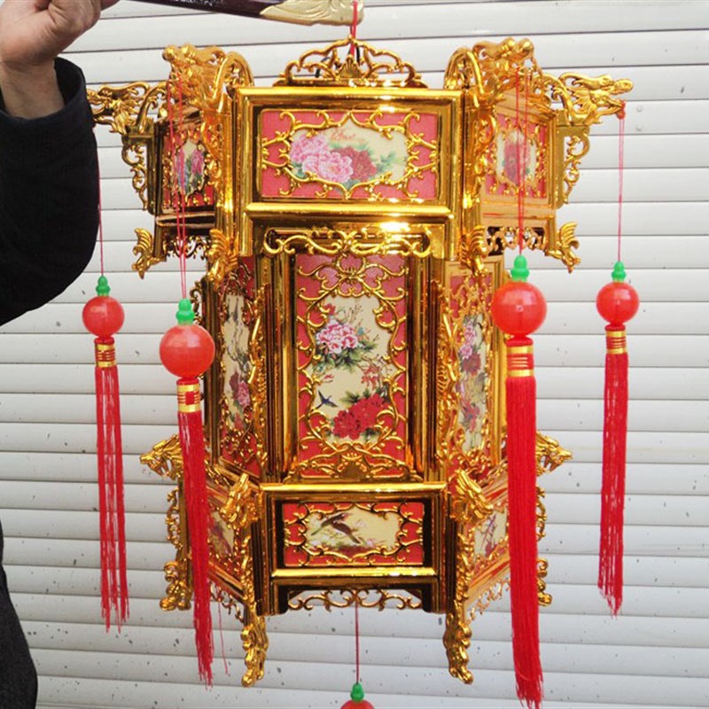 高档金色塑料仿古宫灯喜庆黄灯笼三层六角宫廷灯0##1米可选