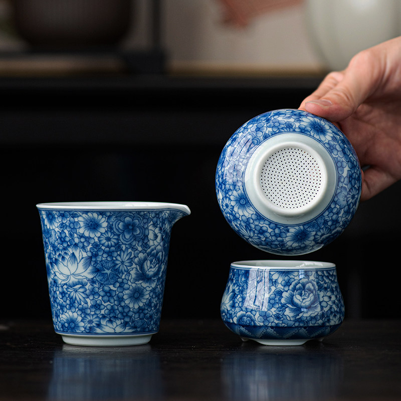 青花瓷茶漏全瓷万花过滤网细密茶隔陶瓷功夫茶具滤茶器一体公道杯