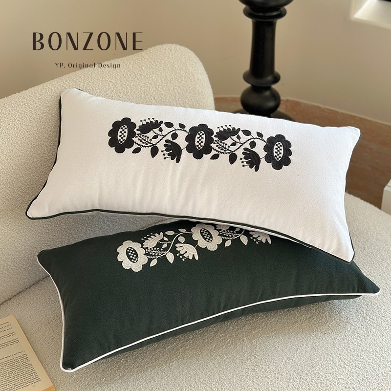 手工刺绣黑白全棉刺绣羽绒抱枕客厅沙发靠垫长条腰枕套靠枕靠背垫
