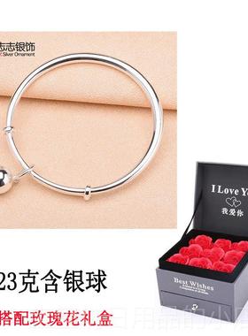 高档送999纯银手光面镯女 简约镯宫铃铛银手环子刻字年轻银饰女友