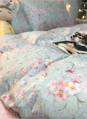 高档美式格单四件套全被棉纯棉小风碎花绿色底1.5m1.8套床被单小