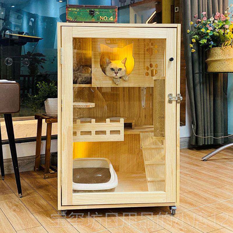 高档木猫别墅笼子单繁门实用猫猫窝床带猫爬实架透明门育笼猫舍笼图片