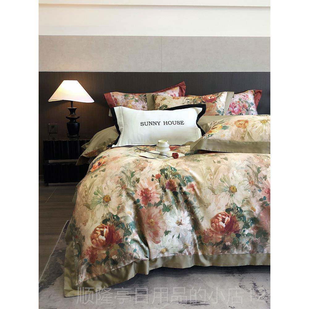 高档美式花卉田园高上支码数印花全棉四.件套长绒棉纯棉床用品18m