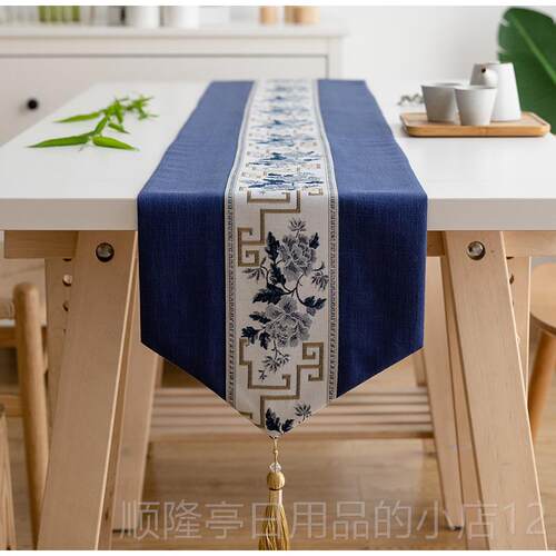 高档蓝色中式禅意桌旗餐桌新布装艺长条棉麻柜茶席电视茶几轻奢风
