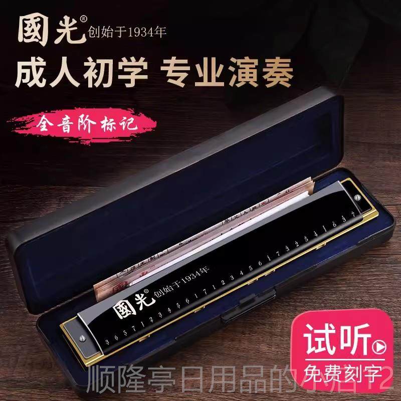 高档海牌国光2孔重8上音口琴成人高级演奏24孔复音C调初学学者生
