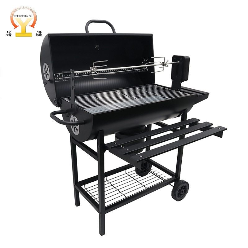 户外大型焖烤烧烤炉美式BBQ电动烤叉木炭烤肉油桶型烧烤架带电机