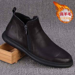 高档外贸秋冬新马款百丁靴男高帮短靴真皮搭休闲保暖鞋羊毛棉拉链