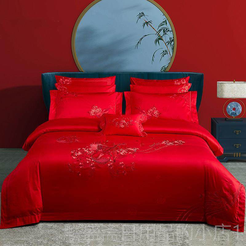 正品14s支棉婚庆四件套大红色刺婚房床绣上用品喜被子全结婚六十0,床上用品,婚庆床品套件,淘宝优惠券,粉丝福利购,淘宝优惠卷