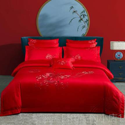 正品14s支棉婚庆四件套大红色刺婚房床绣上用品喜被子全结婚六十0