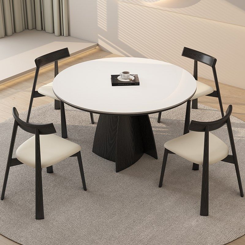 德利丰实木岩板餐桌圆桌家用奶油中古风高级感全托圆形吃饭桌子