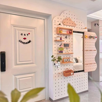定制实木洞洞板玄关墙面展示架客厅背景墙入户小户型穿衣镜一体