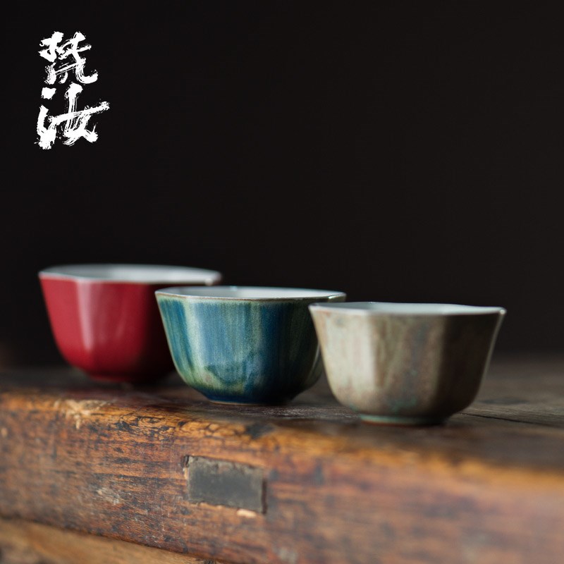 木舟茶事仿古粗陶茶杯八方杯梵汝品茗杯功夫茶具小容量主人杯单杯