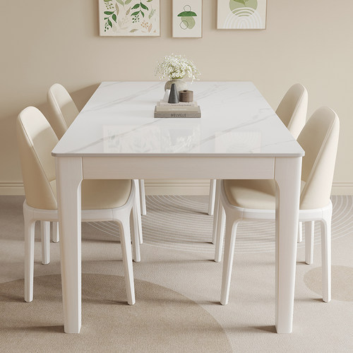 明匠轩家居简约实木长方形岩板餐桌家用奶油风饭厅客厅吃饭桌子