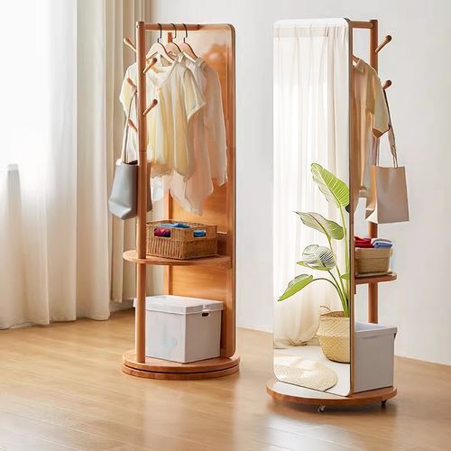 可旋转移动实木穿衣镜衣帽架挂衣架一体试衣镜家用卧室落地全身镜