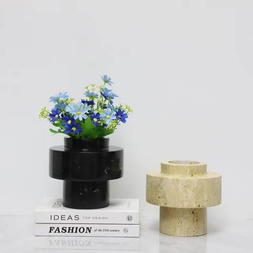 现代新中式天然大理石花器花瓶民宿样板间售楼处客厅创意装饰摆件