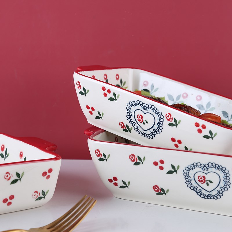 华孚手绘樱桃耳烤盘陶瓷烘焙焗饭盘 家用长方芝士烤盘深盘汤盘