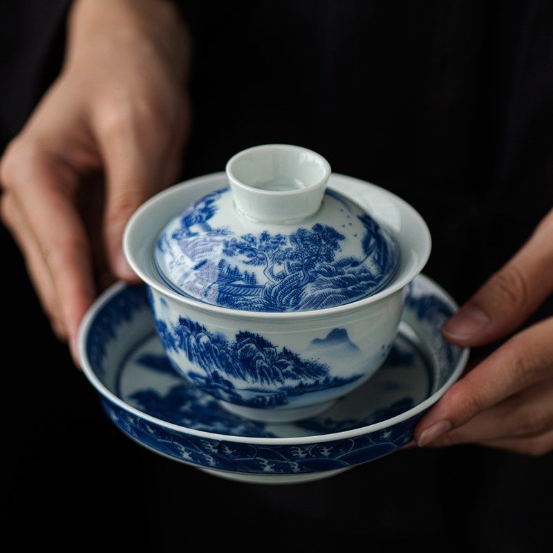 青花瓷三才盖碗单个陶瓷仿古高足泡茶碗家用大号茶杯功夫茶具茶碗