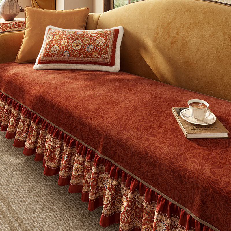 范居态度赤锦红色四季可用沙发垫子毛绒防滑坐垫沙发布氛围感椅套