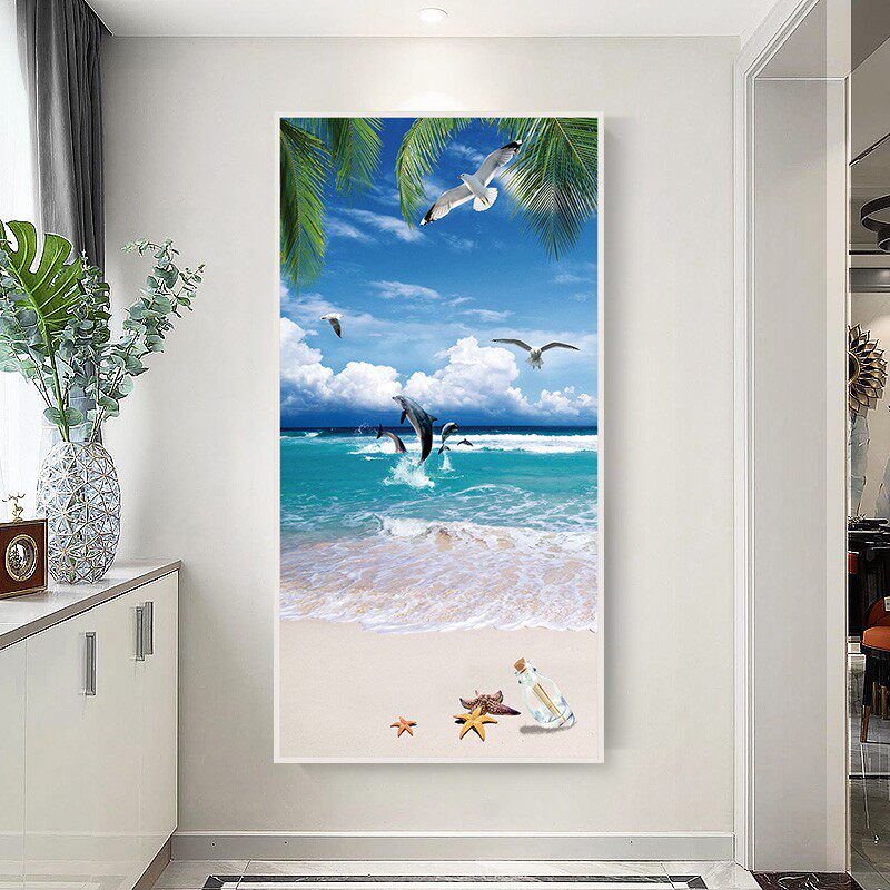 玄关风景画墙贴装饰画自粘走廊过道海景墙纸墙壁画壁纸屏风贴纸画