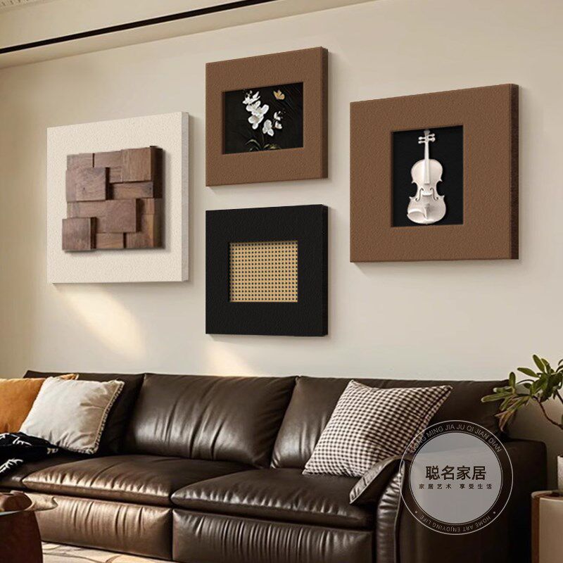 高级感客厅装饰画3D立体实木餐厅组合画中古风沙发电视背景墙挂画