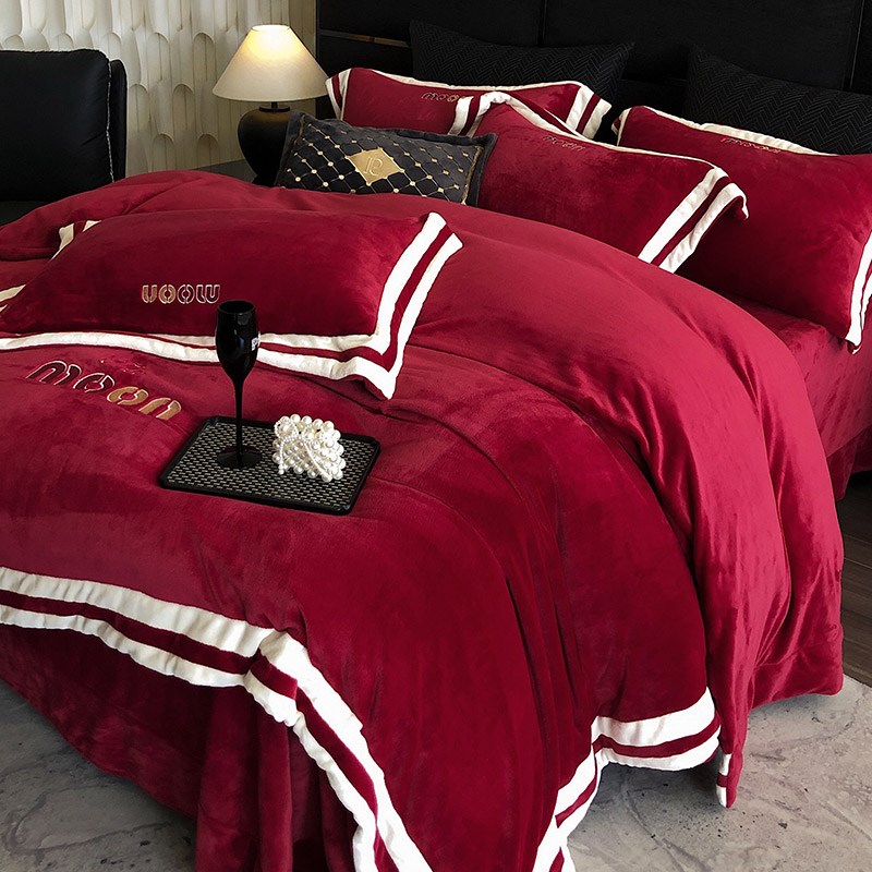 类婚庆面四件简约刺绣加厚拼接结婚被秋冬床上用品