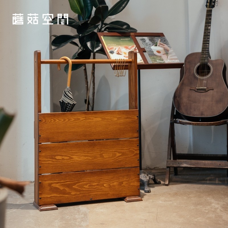 蘑菇空间 复古实木雨伞架 黄铜S钩可收纳长短柄雨伞 底部槽防滴漏