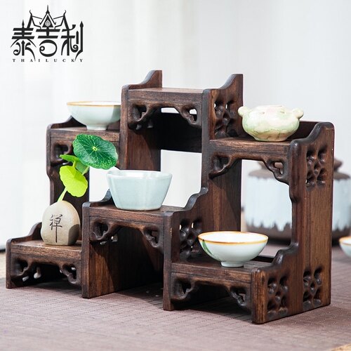 泰国实木紫砂壶展示架博古架桌面茶壶茶具茶杯架中式多宝阁小摆件