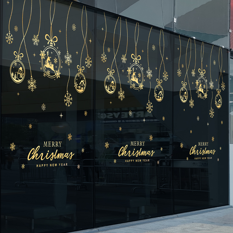 耶诞节玻璃门贴场景布置耶诞静电贴烫金窗贴墙面贴画装饰店铺装扮