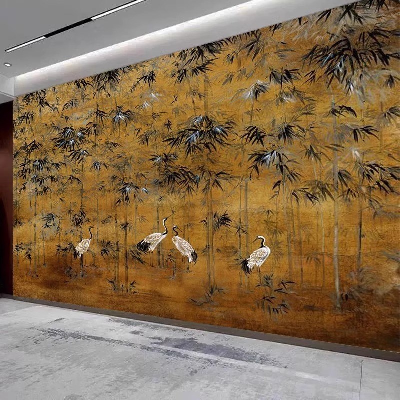 中式仙鹤竹林古典墙布复古风书房茶室背景墙纸客厅卧室电视墙壁画