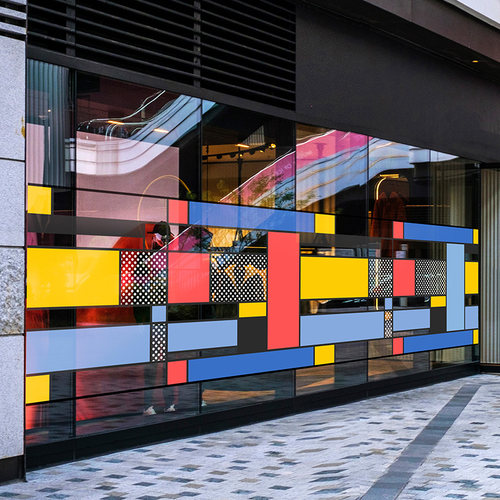艺术腰线玻璃贴蒙德里安色彩底纹透明贴膜商场展厅栏杆装饰静电贴