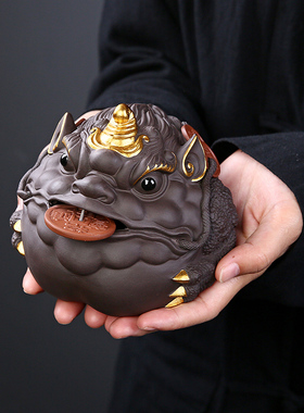 招财金蟾摆件家居饰品手工客厅办公室玄关茶桌面摆设紫砂茶宠可养