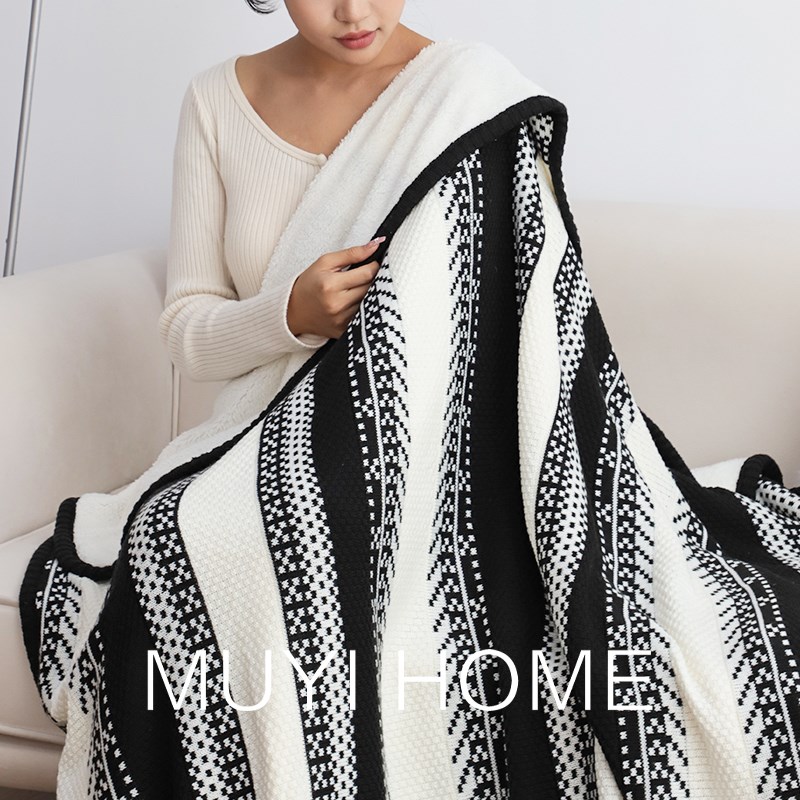 绅士格调毛毯黑白针织加绒盖毯客厅沙发毯卧室床尾毯办公室毯子