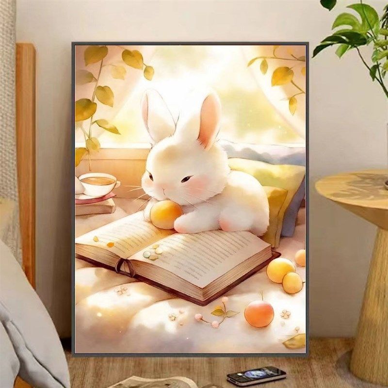 兔兔看书数字油画diy填色油彩画解压手工手绘画画填充涂色装饰画,家居饰品,DIY/数字油画,淘宝优惠券,粉丝福利购,淘宝优惠卷