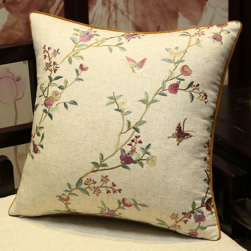 新款中式花鸟奢华棉麻高档刺绣花沙发大抱枕含芯床头靠垫枕套定制
