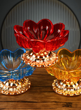 水晶琉璃莲花小号供盘供果盘合金贡盘七彩水果盘家用客厅佛前摆件