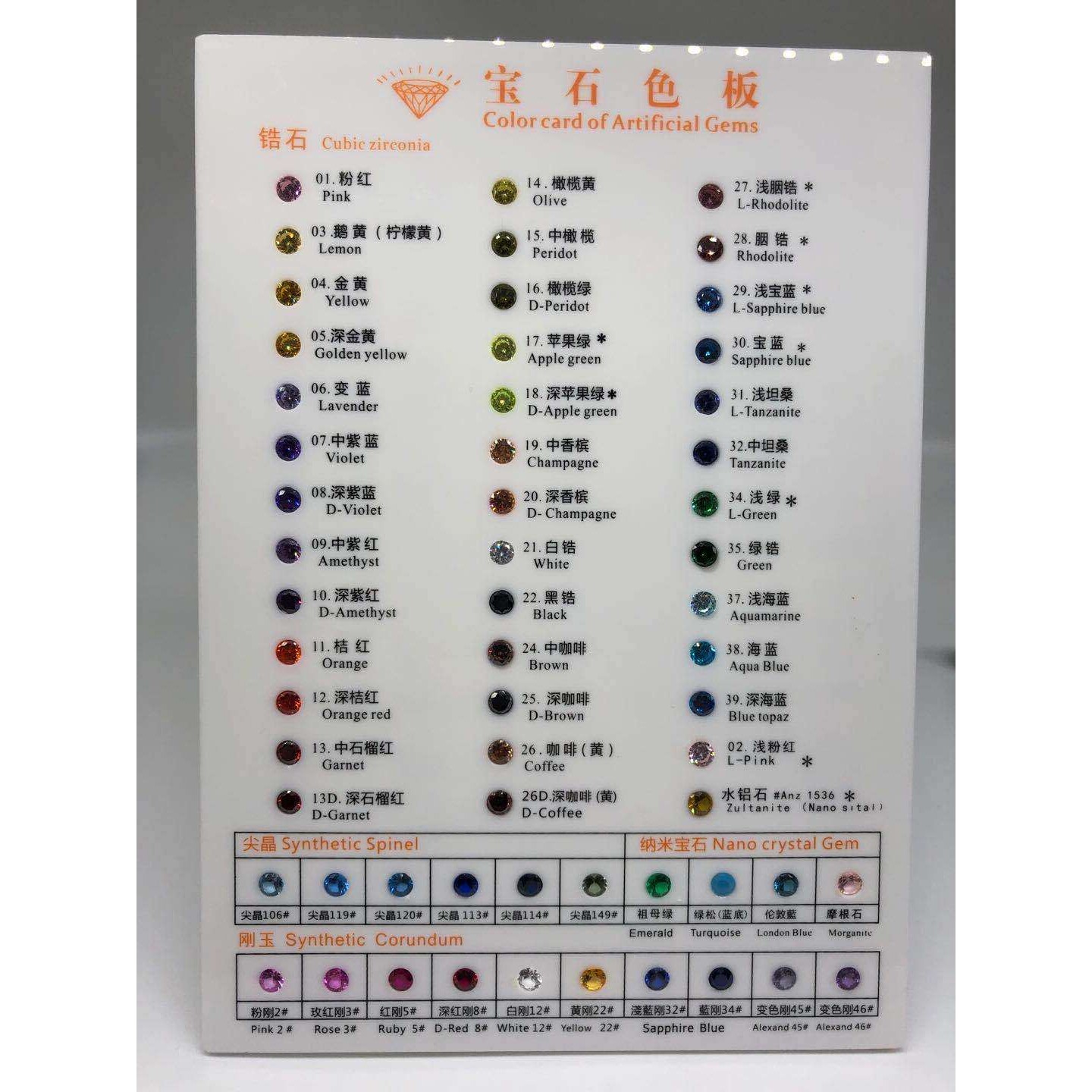 厂家直销 专业高级5A锆石色卡集 人造宝石颜色材质形状切割介绍