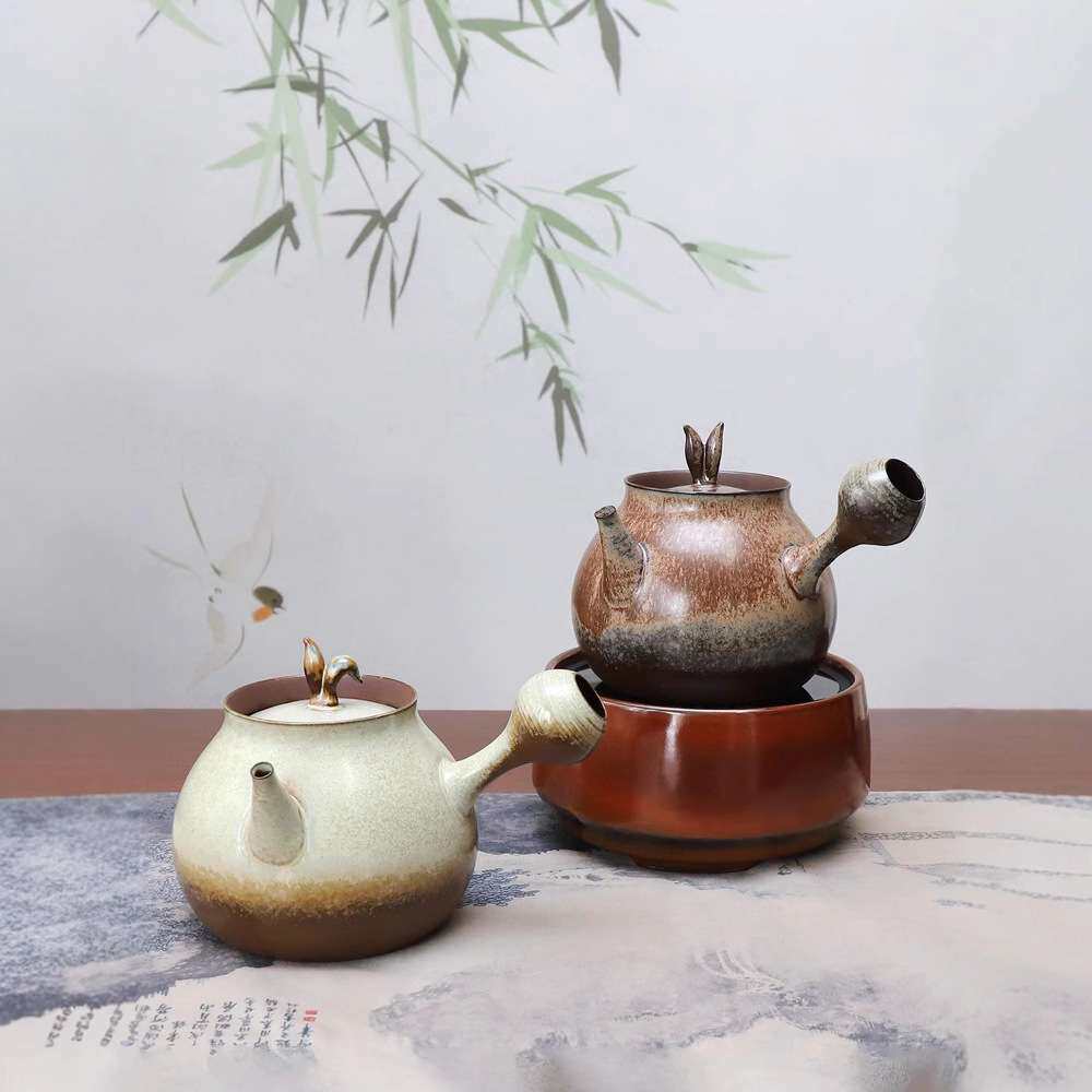 明德园红泥砂铫烧水茶壶电陶炉侧把煮茶窑变壶卡盖玉书煨窑变釉