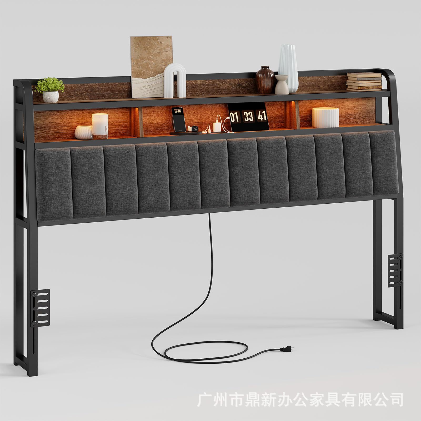 符合人体工学带2层储物带插座USB接口软垫床头板高度可调床头架