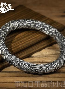 高档祥银居南花银 雪创设计穿云龙足云银手镯古法做旧高原工浮雕.