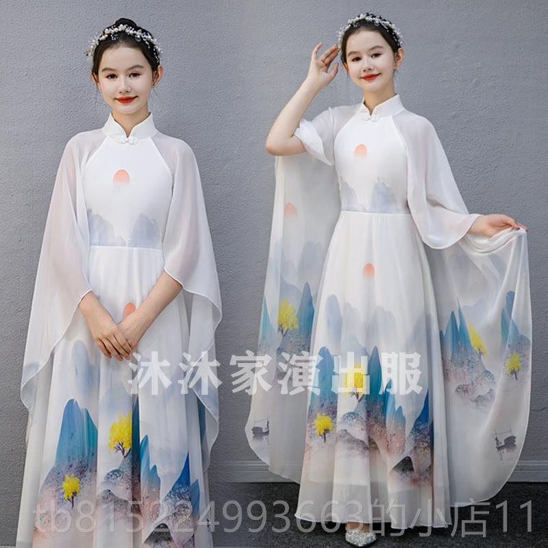 正品童艺考古筝演出服中国风红色礼服儿显台瘦女童大童舞独演奏表图片