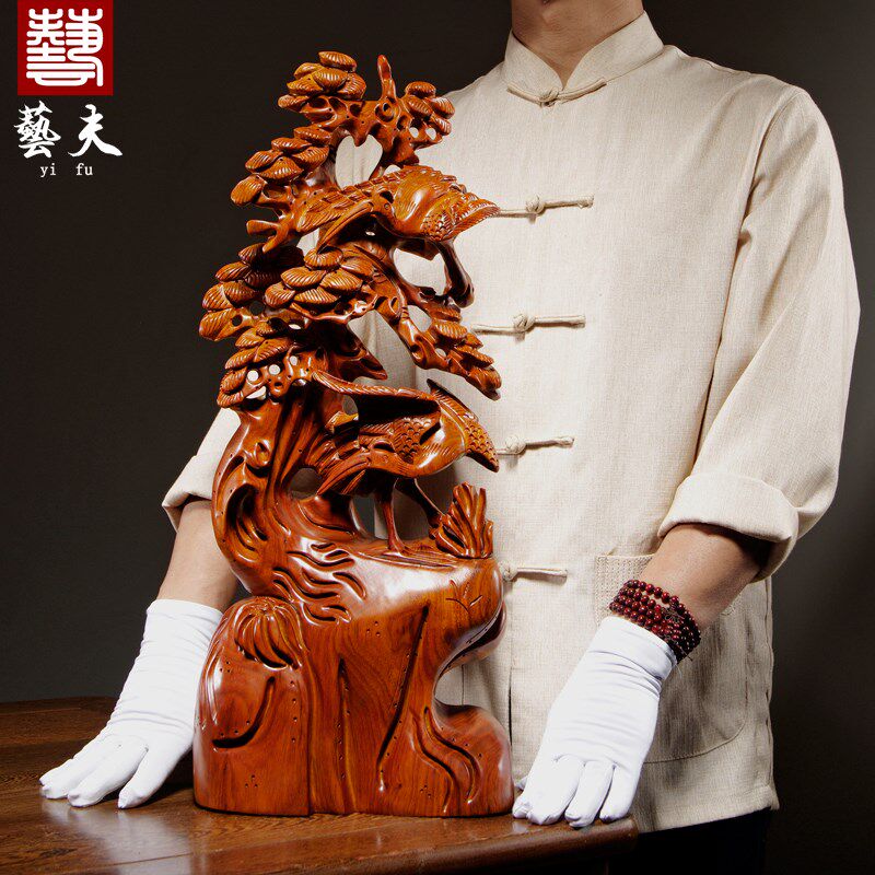 花梨木雕刻松鹤延年根雕摆件红木工艺品家居客厅装饰摆设贺寿送礼
