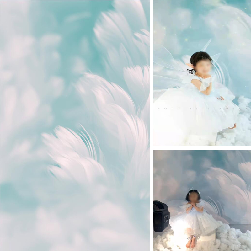 2022儿童摄影背景新款儿童蓝色羽毛拍照背景纸室内写真拍照背景布
