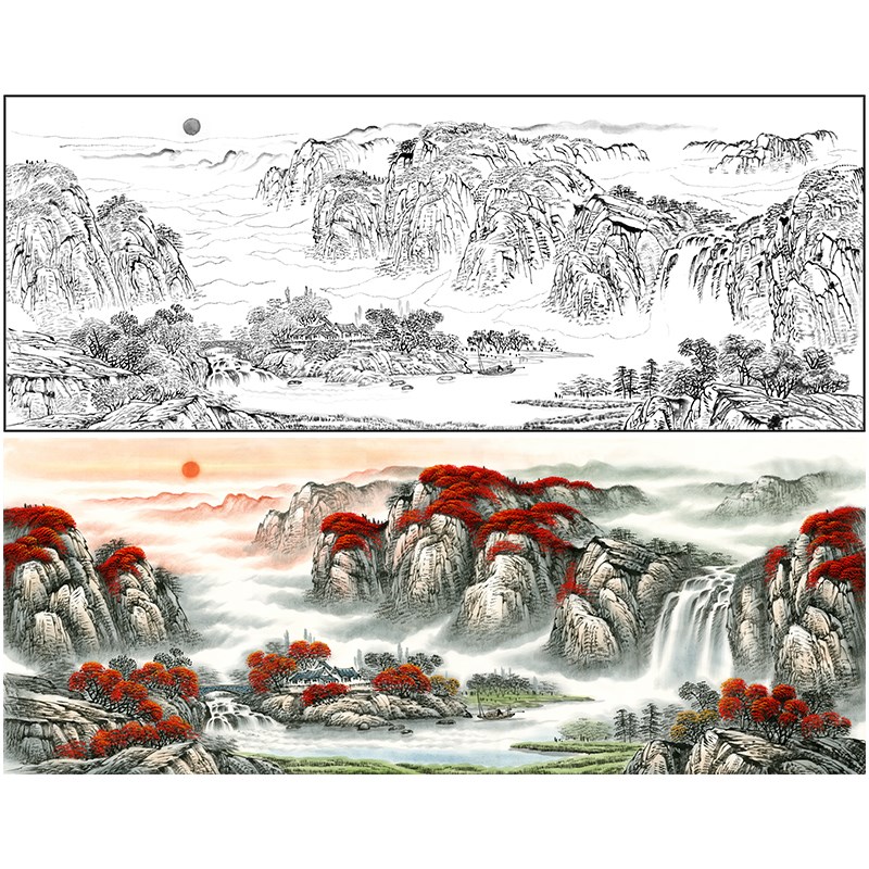 工笔白描底稿大幅山水画鸿运当头国画打印稿用作临摹勾线使用FS0