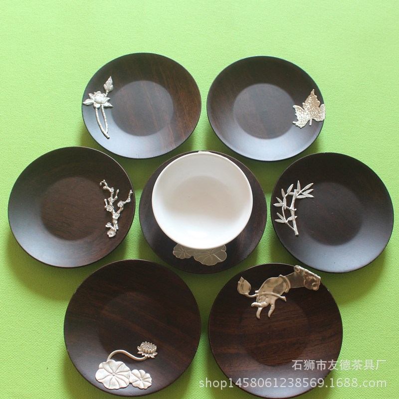 镶锡杯垫 黑檀实木杯托功夫茶具配件茶垫茶杯垫隔热防滑茶托锡制